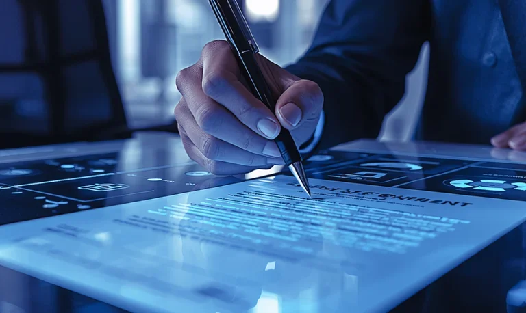 man signing agreement on tablet