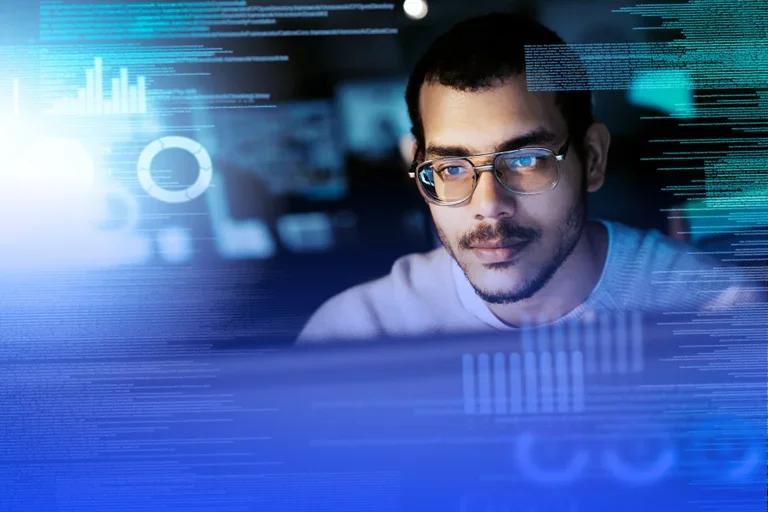 man looking at ui display